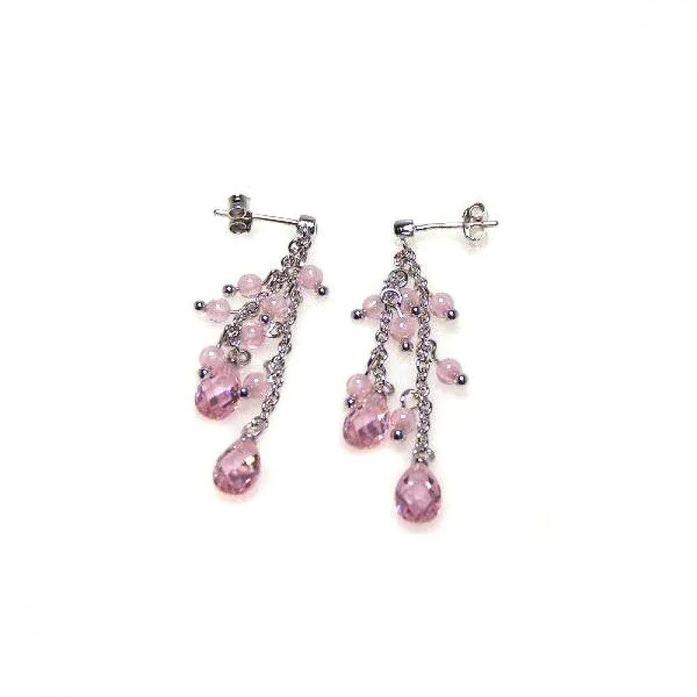 Clearance-Silver 925 Rhodium Plated Pink Oval CZ Wire Dangling Earrings - STE00066