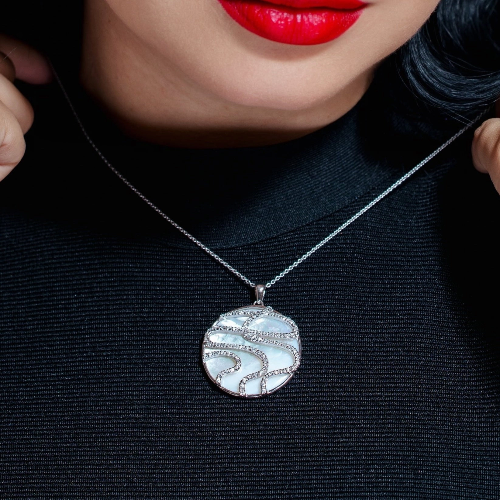 Clearance- Silver 925 Clear CZ Mother Pearl Rhodium Plated Round Pendant Necklace - BGP00115