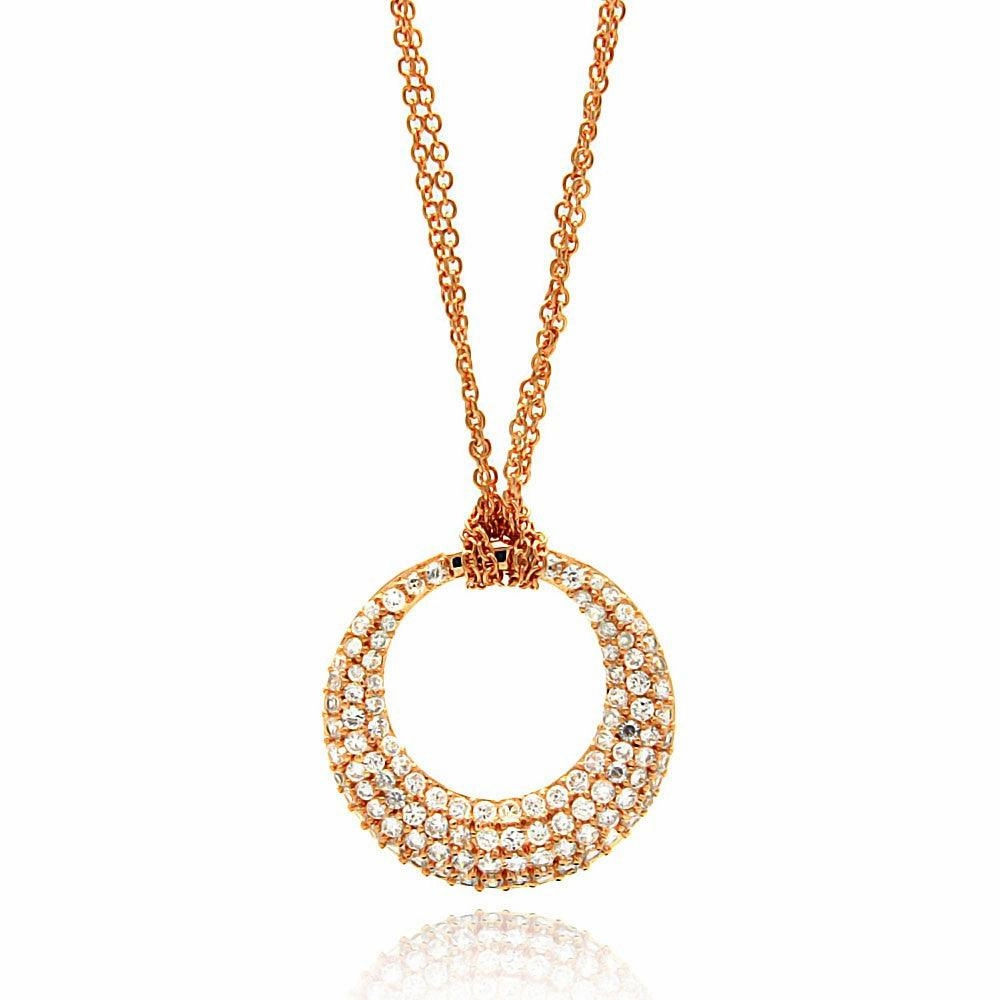 Clearance-Silver 925 Rose Gold Plated Clear CZ Circle Pendant Necklace - STP00631RGP