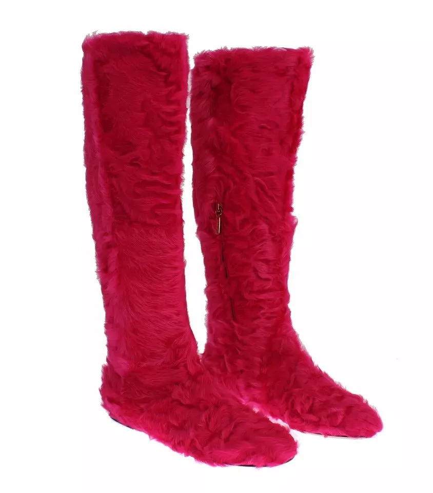 Dolce & Gabbana Lamb Fur Leather Flat Boots Women's Shoes