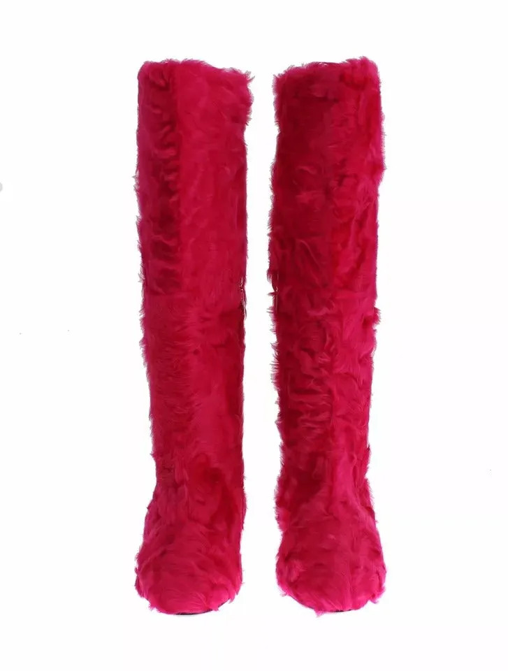 Dolce & Gabbana Lamb Fur Leather Flat Boots Women's Shoes