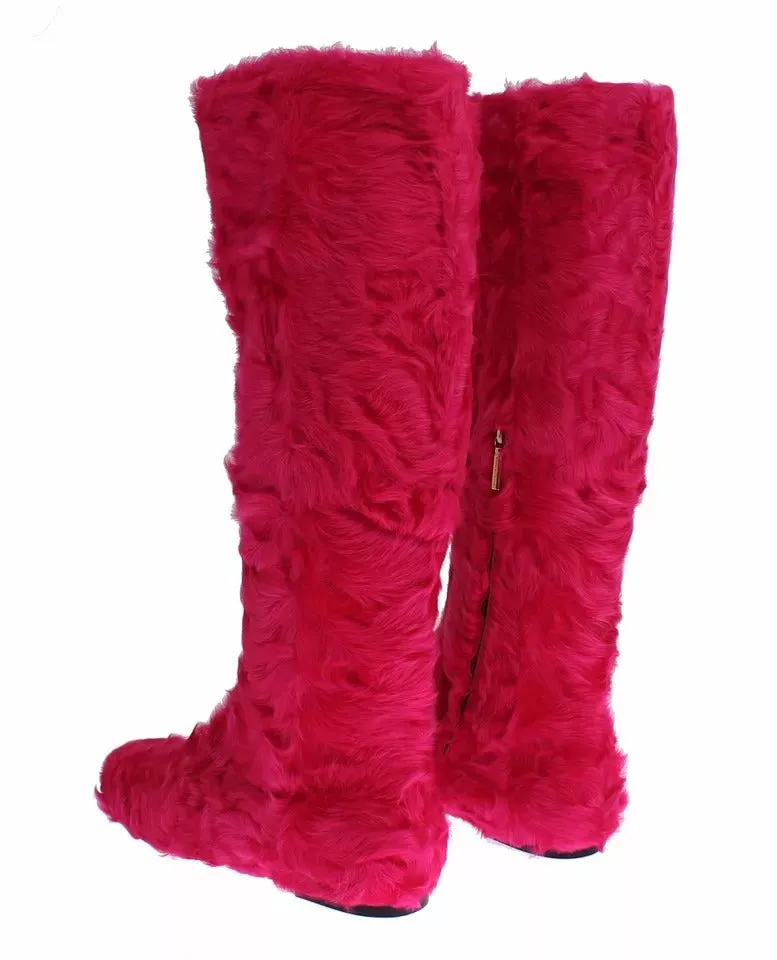 Dolce & Gabbana Lamb Fur Leather Flat Boots Women's Shoes