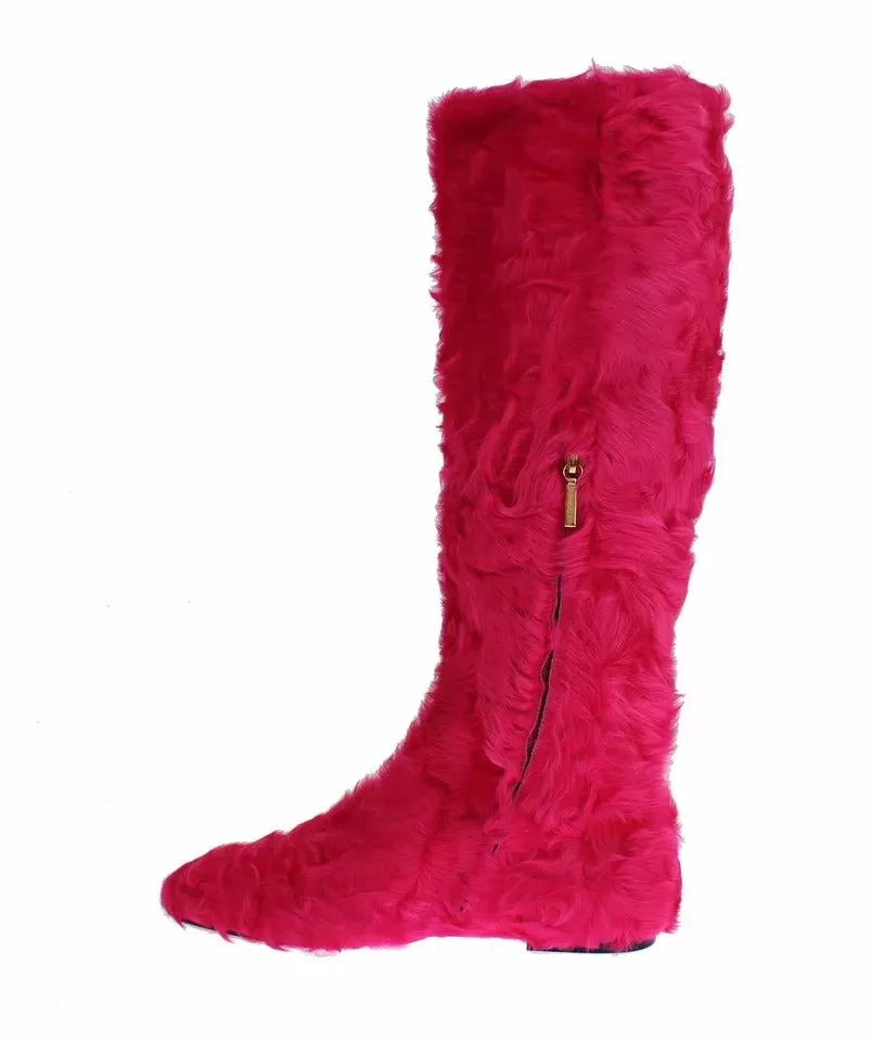 Dolce & Gabbana Lamb Fur Leather Flat Boots Women's Shoes