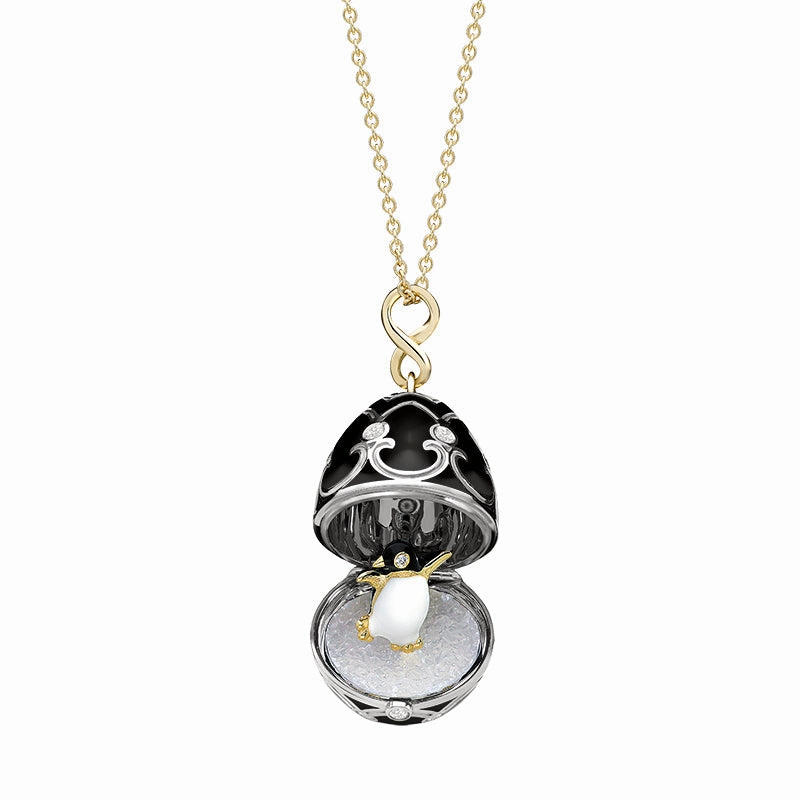 Faberge Heritage White and Yellow Gold Black Enamel Locket with Penguin Surprise