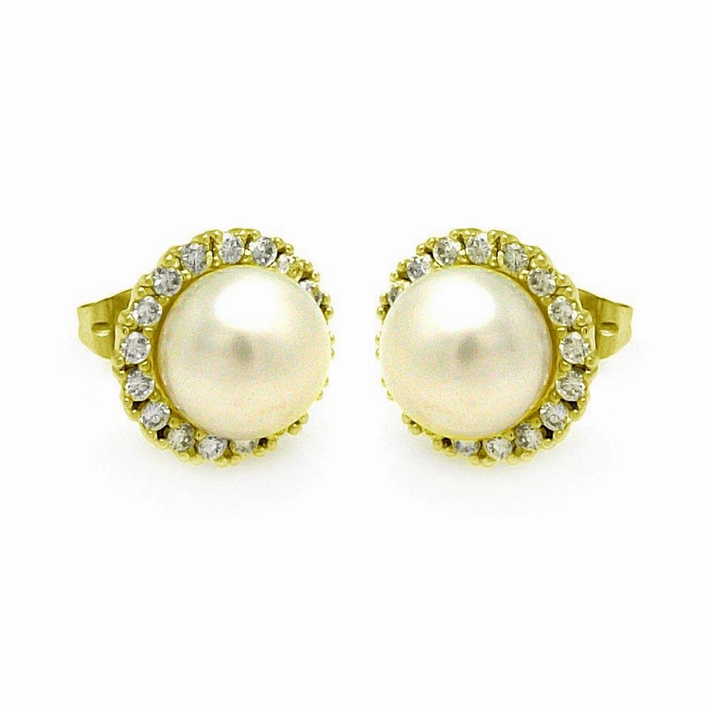 Gold Plated 925 Sterling Silver Round CZ Center Fresh Water Pearl Stud Earrings - BGE00253GP