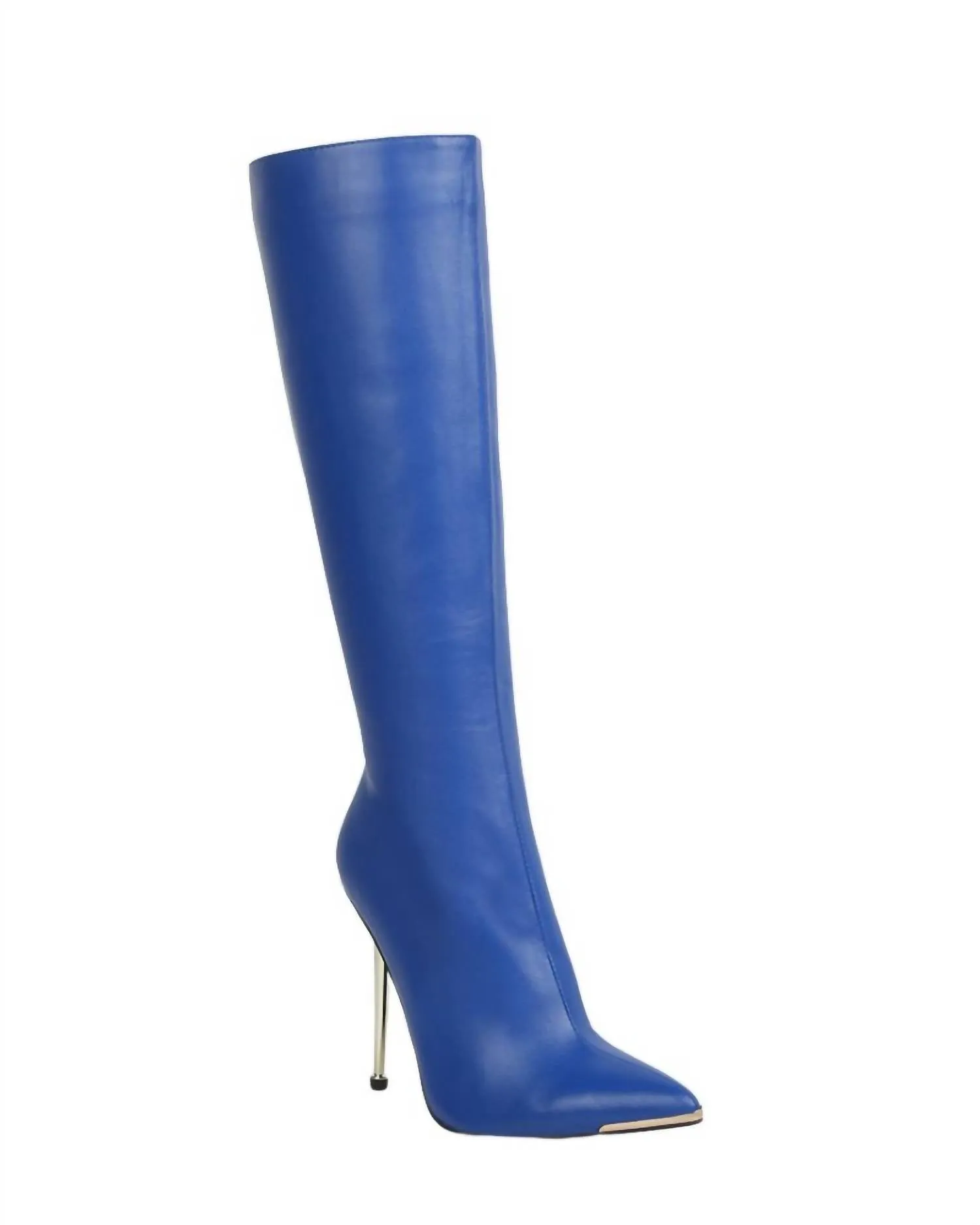 Hale Faux Leather Pointed Heel Calf Boots In Blue
