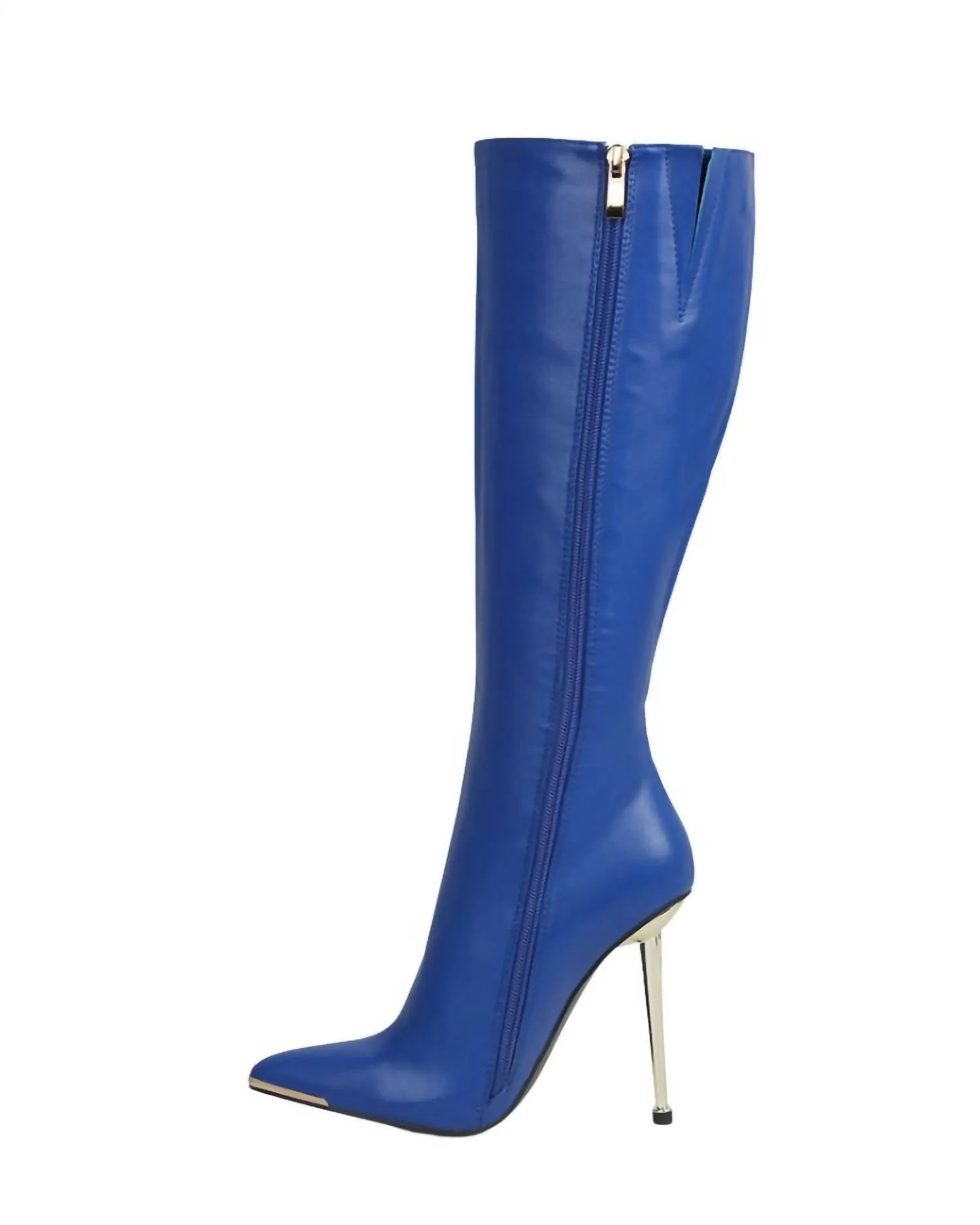 Hale Faux Leather Pointed Heel Calf Boots In Blue