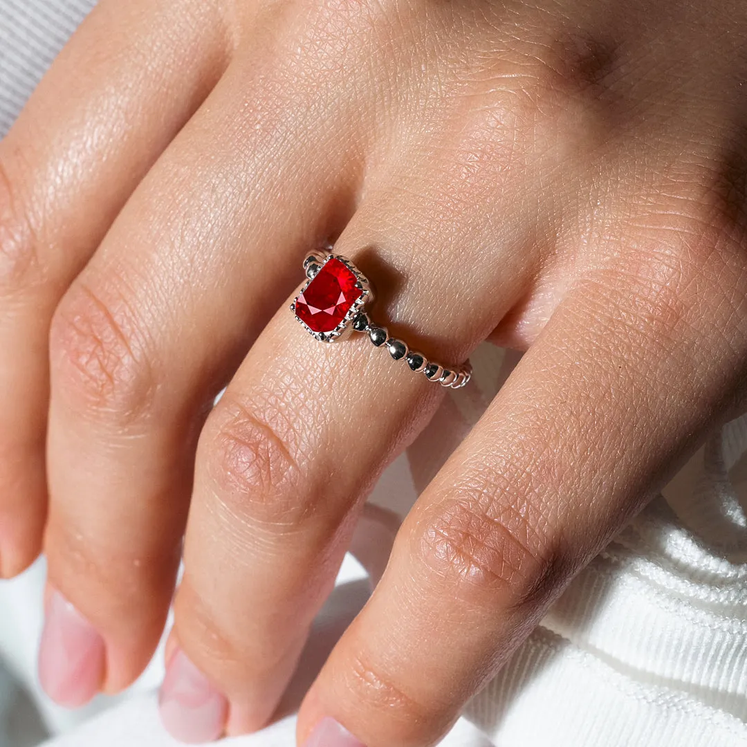 July Sterling Silver 925 Rhodium Plated Beaded Shank Square Center Birthstone Ring - BGR01081JUL