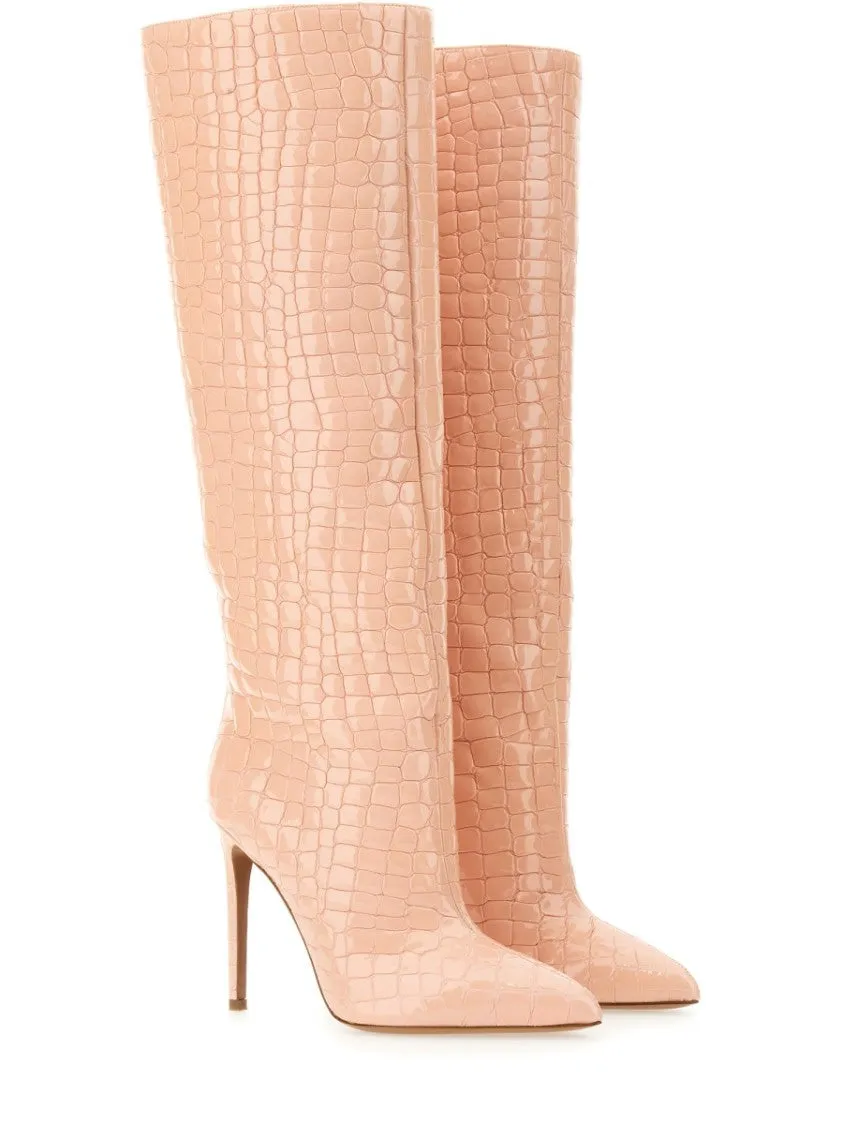 Knee-High Leather Boots With Glossy Crocodile Finish