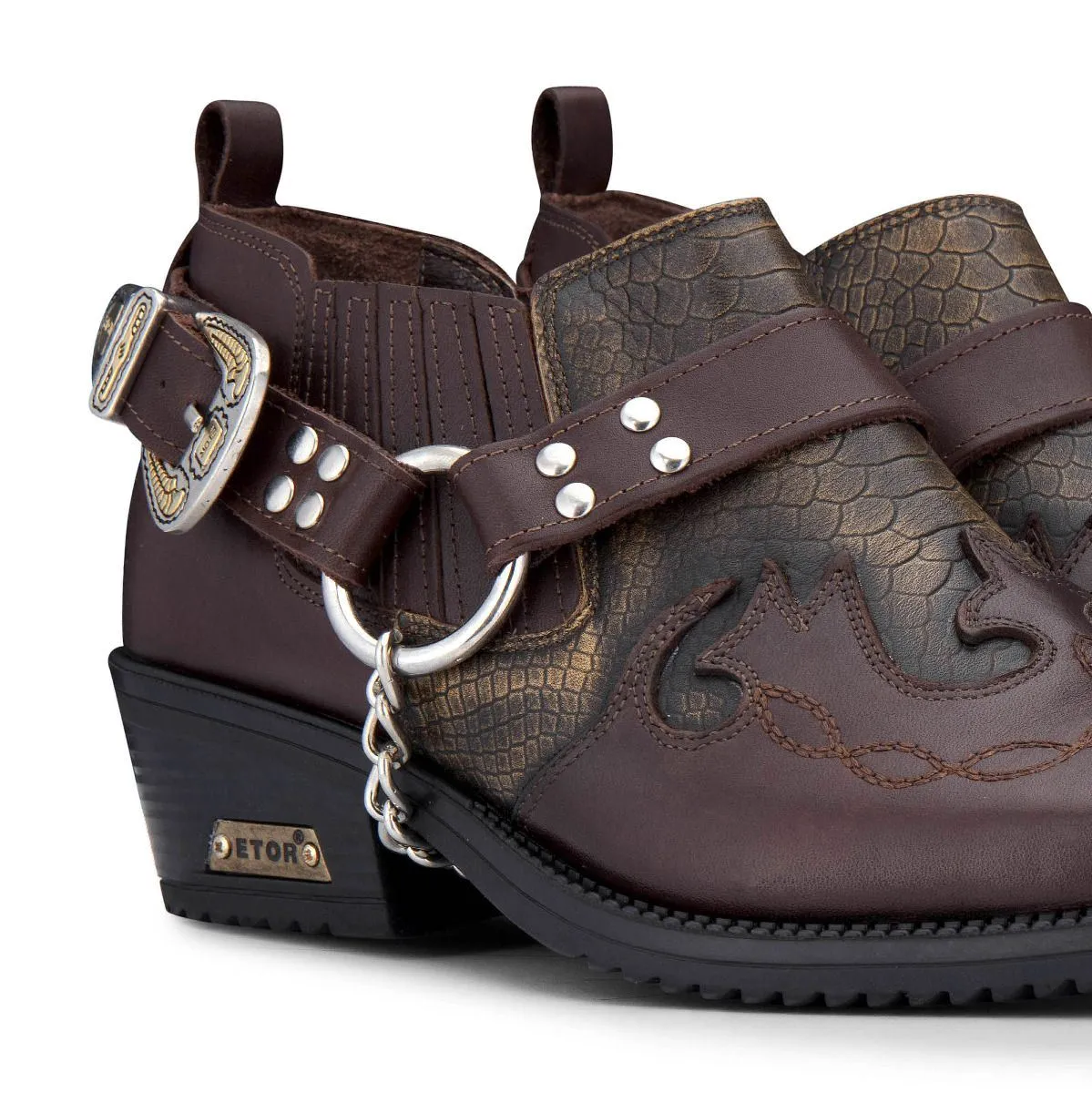 Men's Brown Snakeskin Winklepicker Leather Biker Shoes