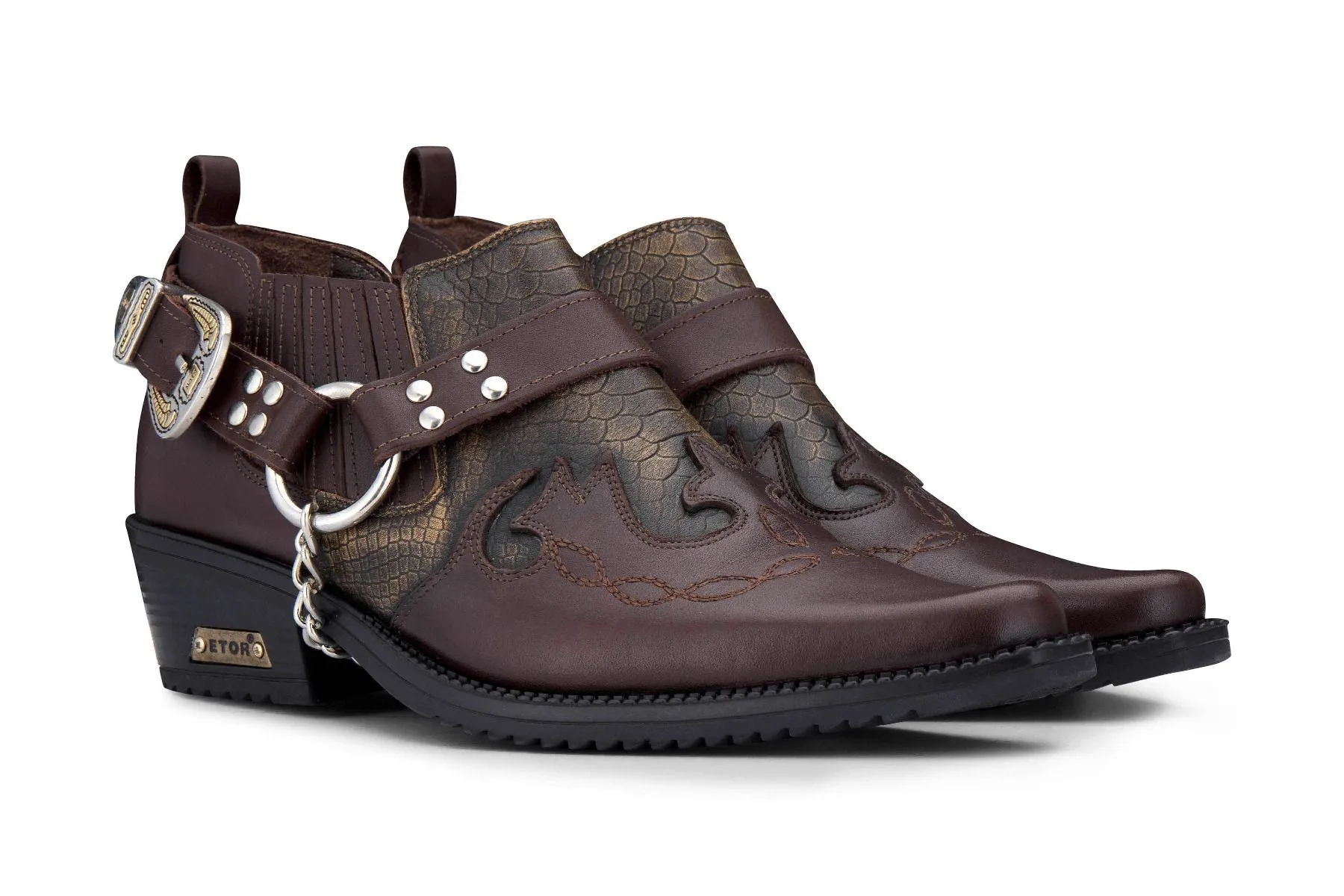 Men's Brown Snakeskin Winklepicker Leather Biker Shoes