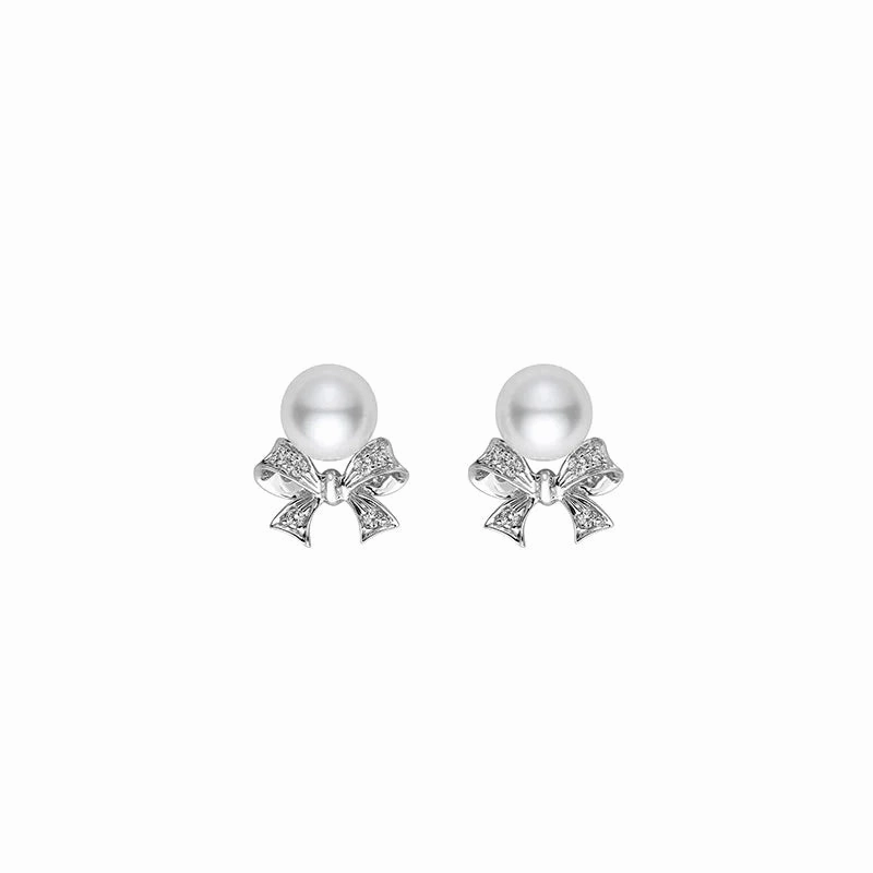 Mikimoto Ribbon 18ct White Gold Akoya Pearl Diamond Stud Earrings