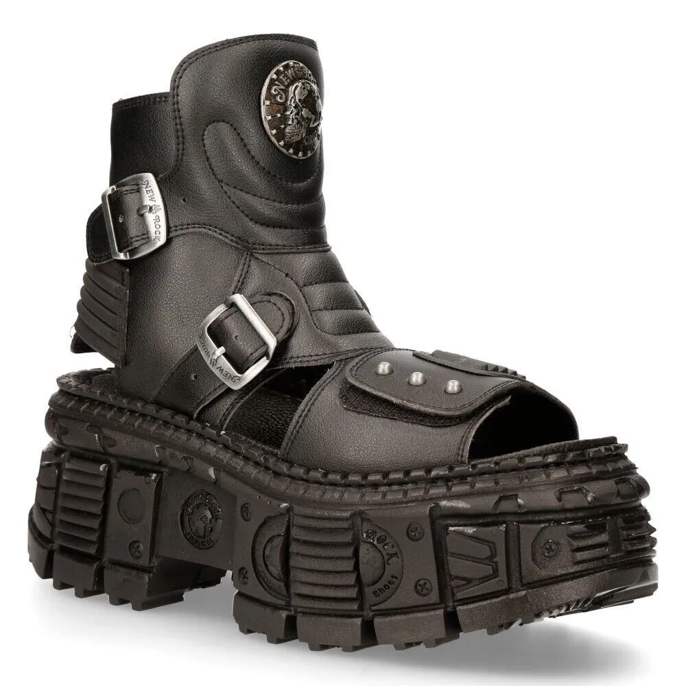 New Rock Black VEGAN Leather Boot Sandals-BIOS106-V3