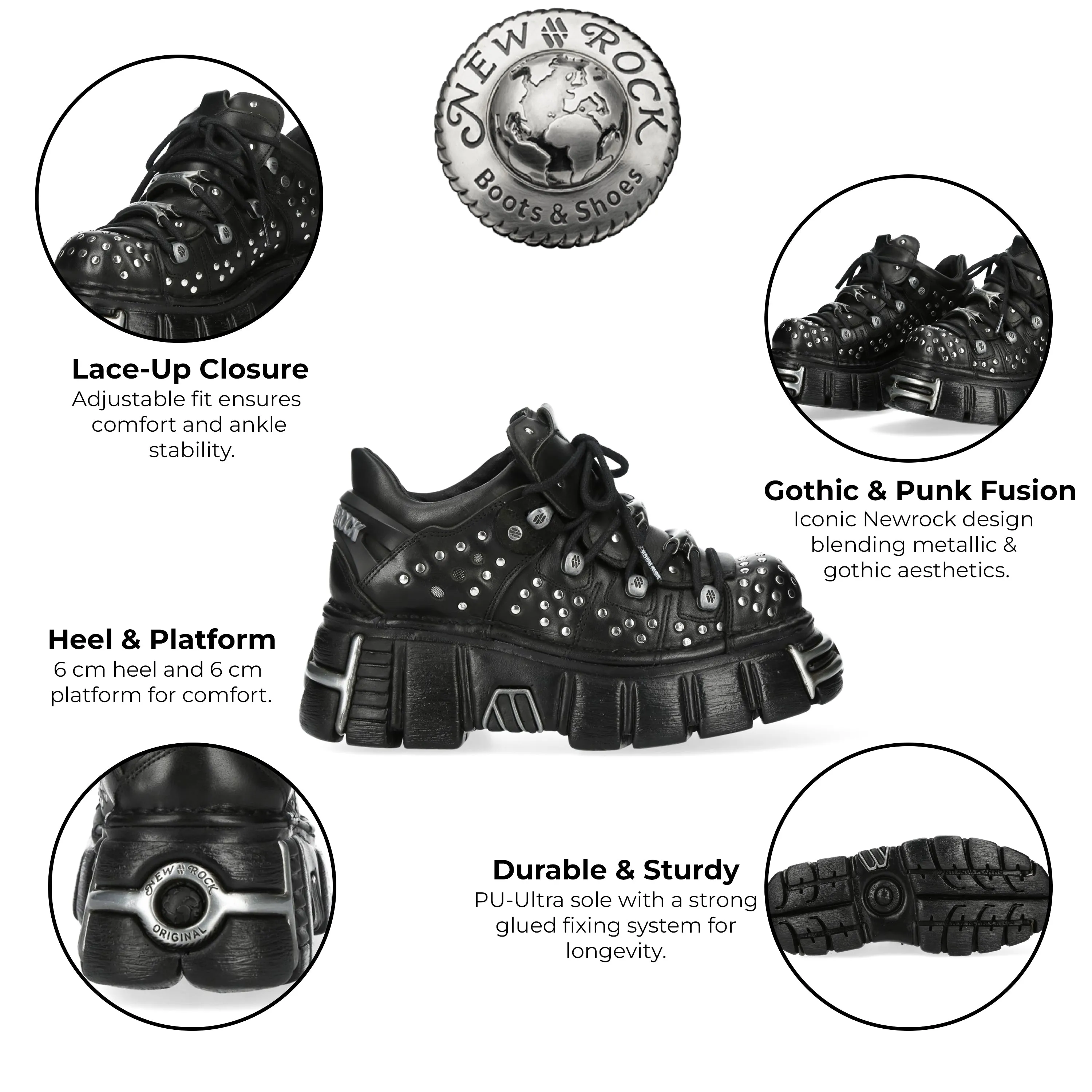 New Rock M-120NR-C1 Black Leather Gothic Platform Ankle Boots