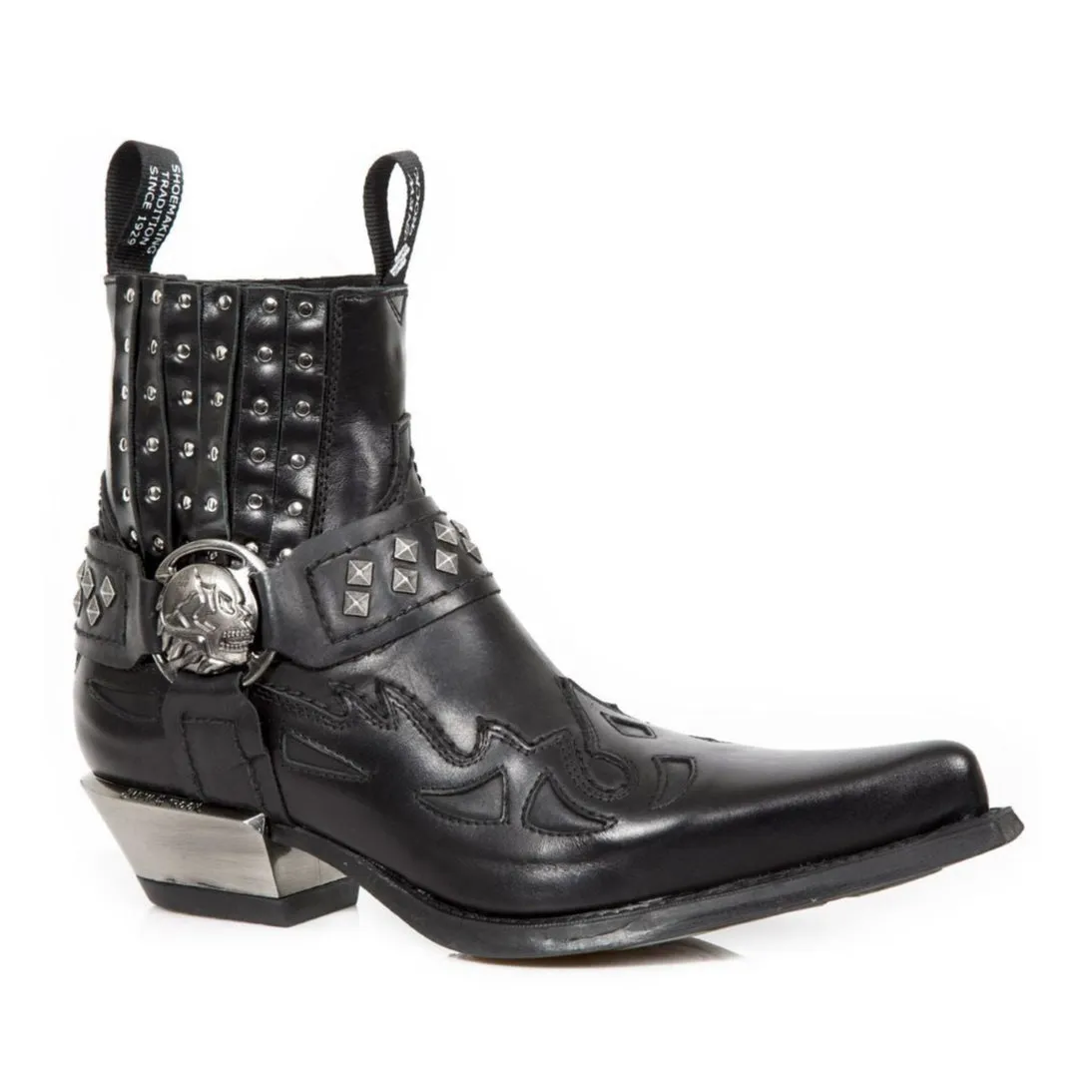 New Rock Studded Black Leather Western Biker Boots-7950-S1