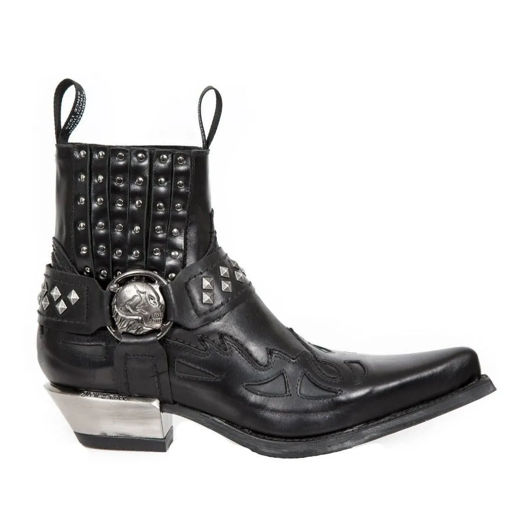 New Rock Studded Black Leather Western Biker Boots-7950-S1
