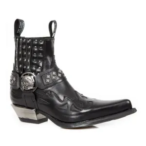 New Rock Studded Black Leather Western Biker Boots-7950-S1
