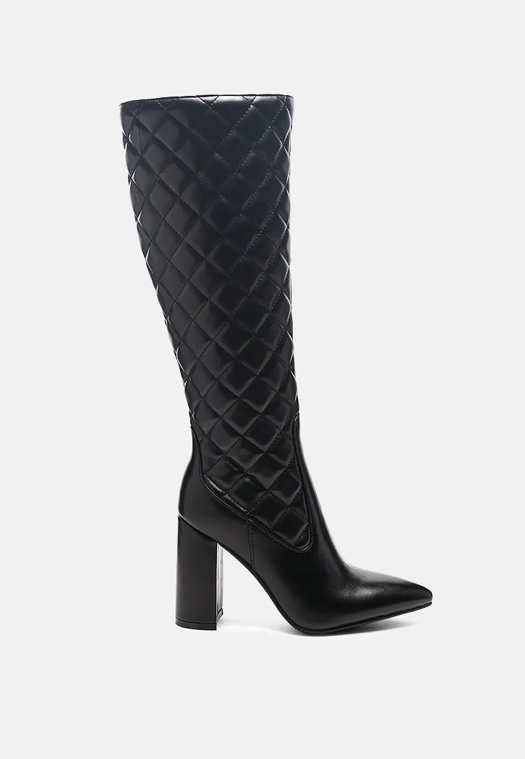 quilt knee high block heeled boots