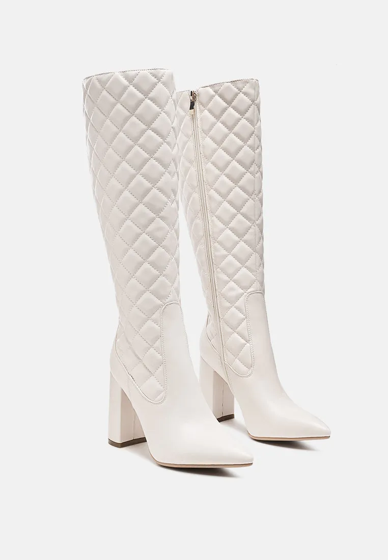 quilt knee high block heeled boots