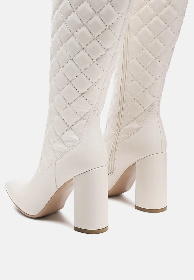 quilt knee high block heeled boots