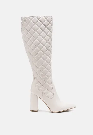 quilt knee high block heeled boots
