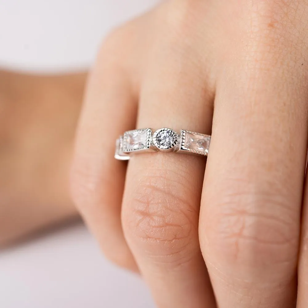 Rhodium Plated 925 Sterling Silver Alternating Clear Rectangle and Clear Round CZ Ring - BGR01111CLR