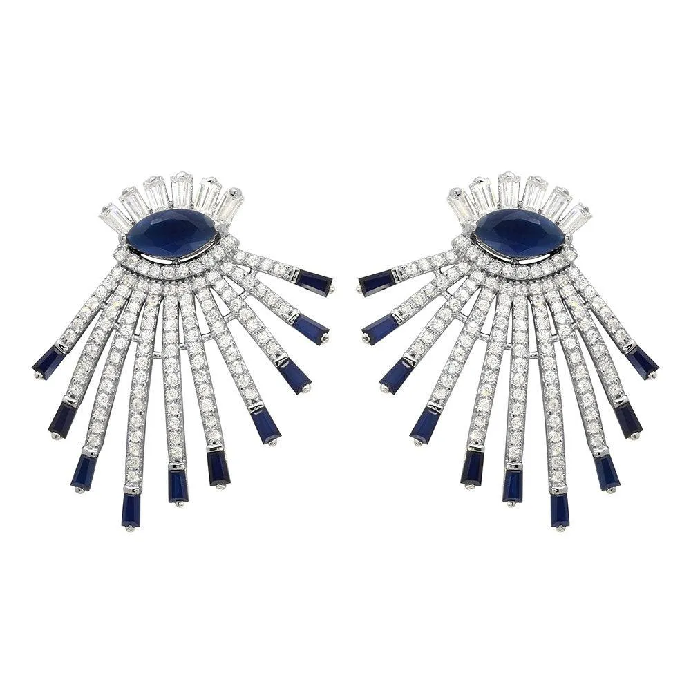 Rhodium Plated 925 Sterling Silver Clear and Blue CZ Drop Earrings - GME00105RH-BLU