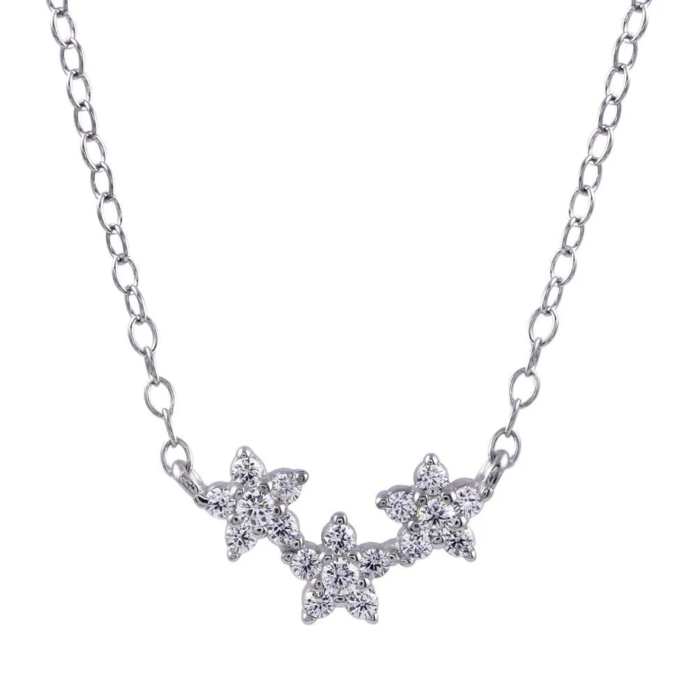 Rhodium Plated 925 Sterling Silver CZ Triple Flower Necklace - STP01755