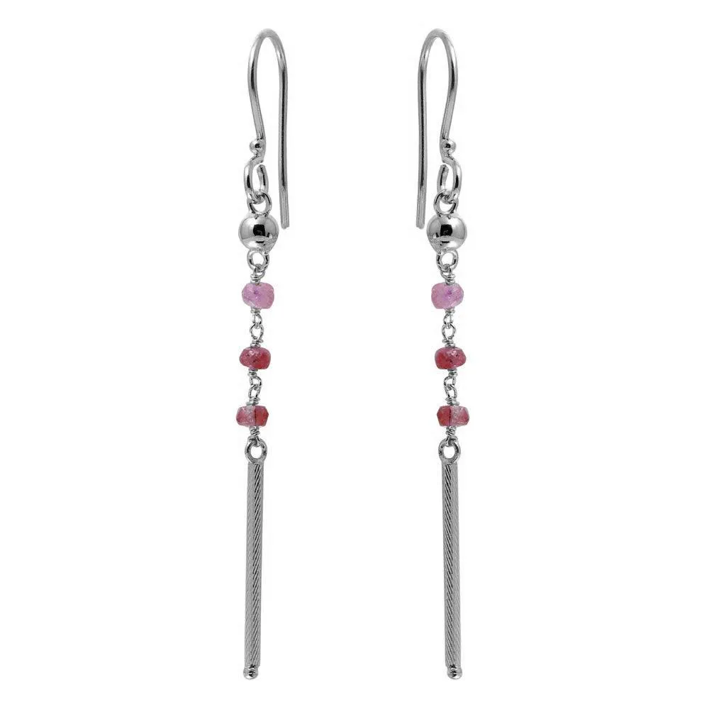 Rhodium Plated 925 Sterling Silver Dangling 3 Dark Red Bead with Matte Rhodium Bar Earrings - DIE00009RH-GR
