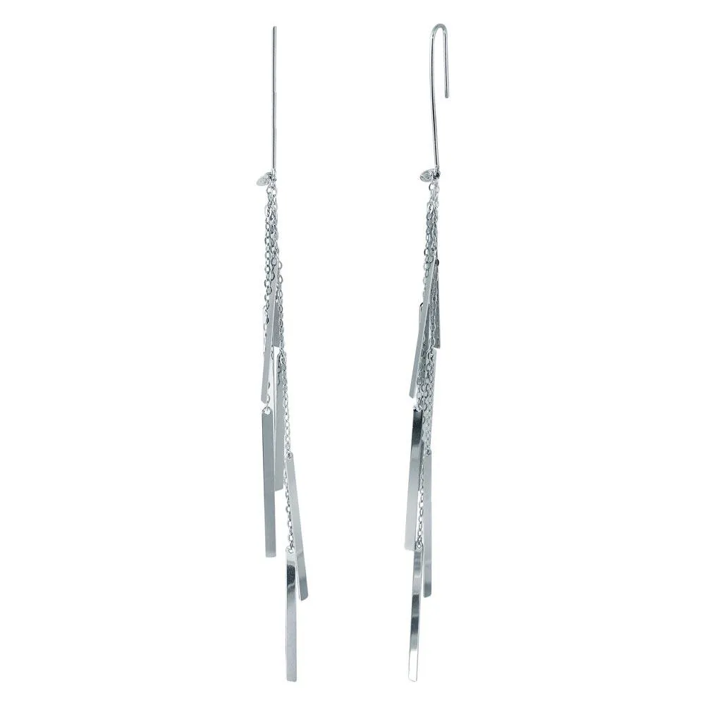 Rhodium Plated 925 Sterling Silver Dangling Chain Bars Earrings - ECE00036RH