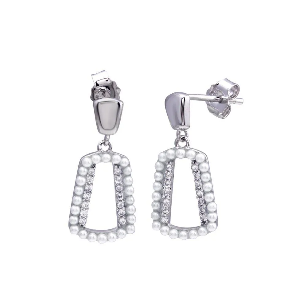 Rhodium Plated 925 Sterling Silver Dangling Open Halo Pearl and CZ Earring - STE01321