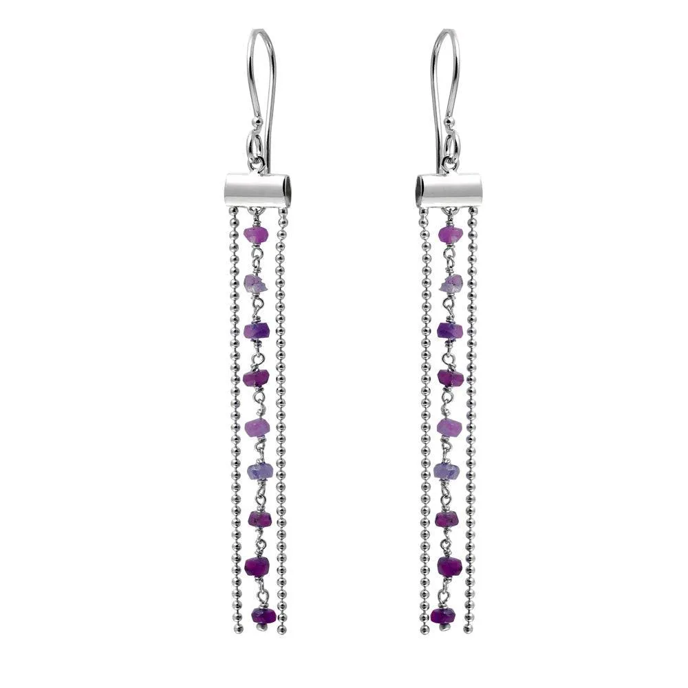 Rhodium Plated 925 Sterling Silver Dangling Tassel Earrings with Dark Red Beads - DIE00005RH-GR