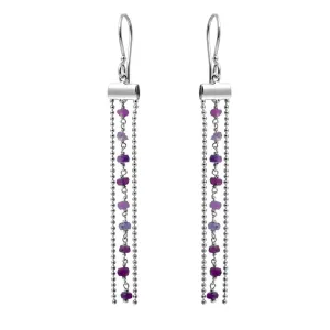 Rhodium Plated 925 Sterling Silver Dangling Tassel Earrings with Dark Red Beads - DIE00005RH-GR