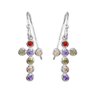 Rhodium Plated 925 Sterling Silver Multi-Colored CZ Cross Earrings - STE01137
