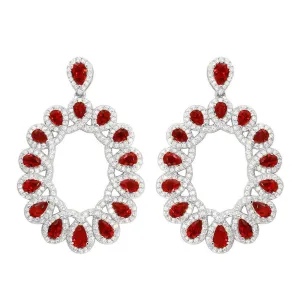 Rhodium Plated 925 Sterling Silver Open Oval Red and Clear CZ Hanging Earrings - GME00106-RED