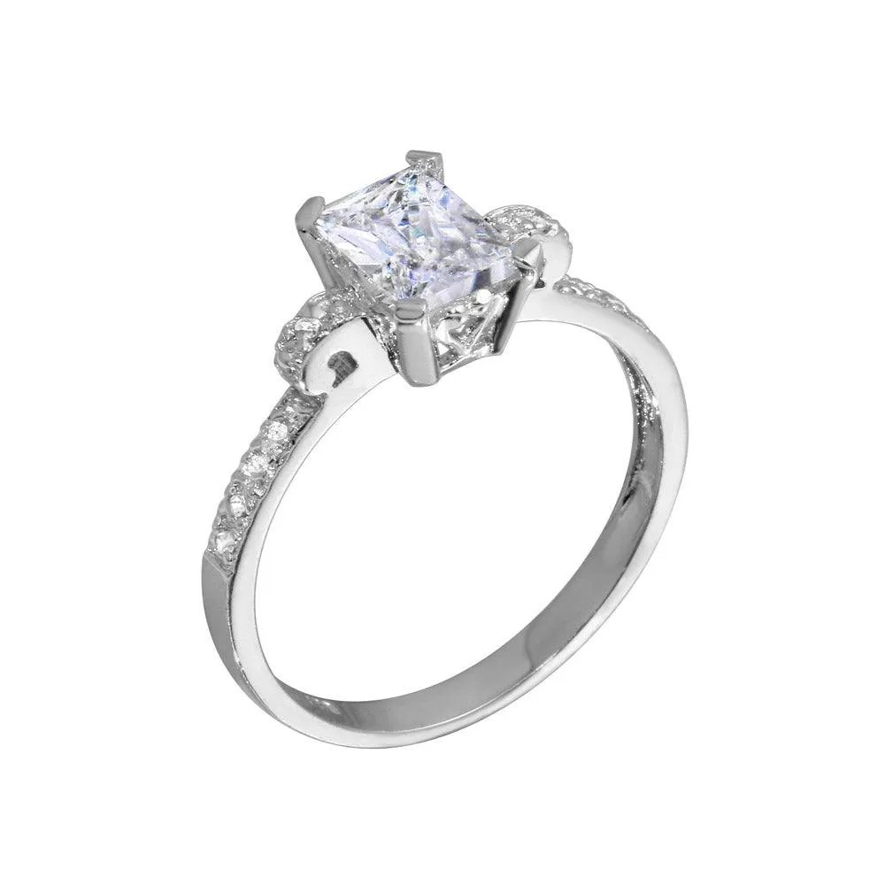 Rhodium Plated 925 Sterling Silver Rectangle Center CZ Stone Ring - GSR00005