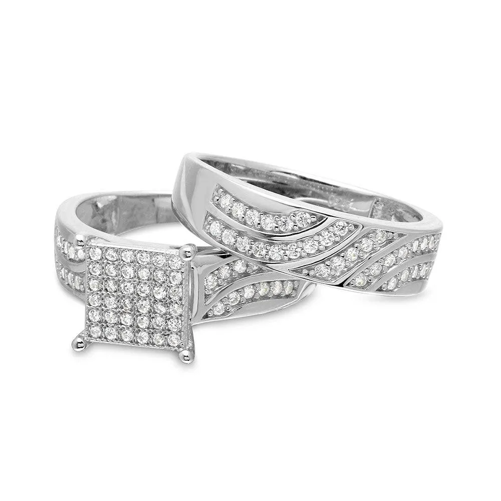 Rhodium Plated 925 Sterling Silver Wave CZ Band Square Center Micro Pave Stones Wedding Ring - GMR00154