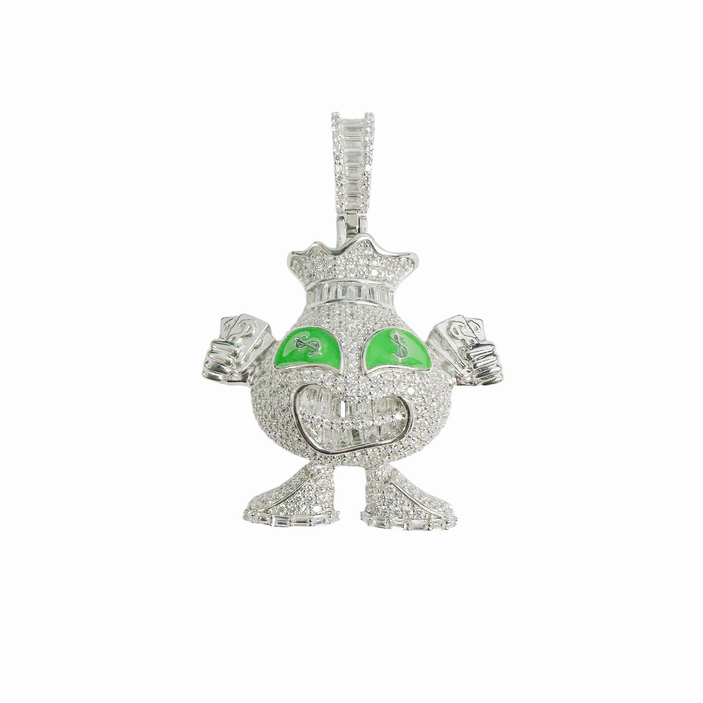 Rhodium Plated 925 Sterling Silver Cash GReedy Character Clear CZ Green Enamel Pendant - SLP00415