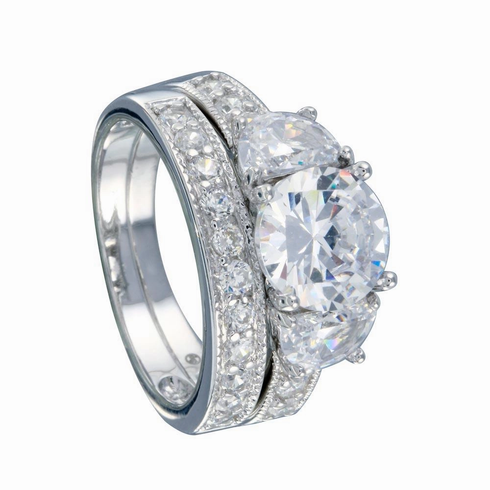 Rhodium Plated 925 Sterling Silver Clear Round Center CZ Bridal Ring Set - BGR00069