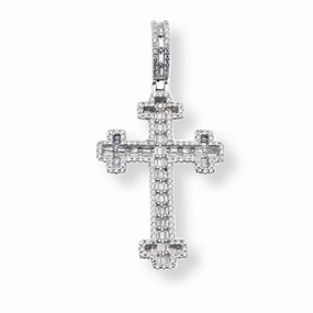 Rhodium Plated 925 Sterling Silver Cross Crosslet Baguette and Round Clear CZ 25mm x 35.8mm Pendant - SLP00446