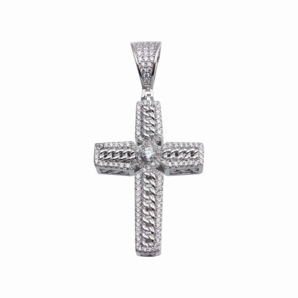 Rhodium Plated 925 Sterling Silver CZ Chain Cross Hip Hop Pendant - SLP00185
