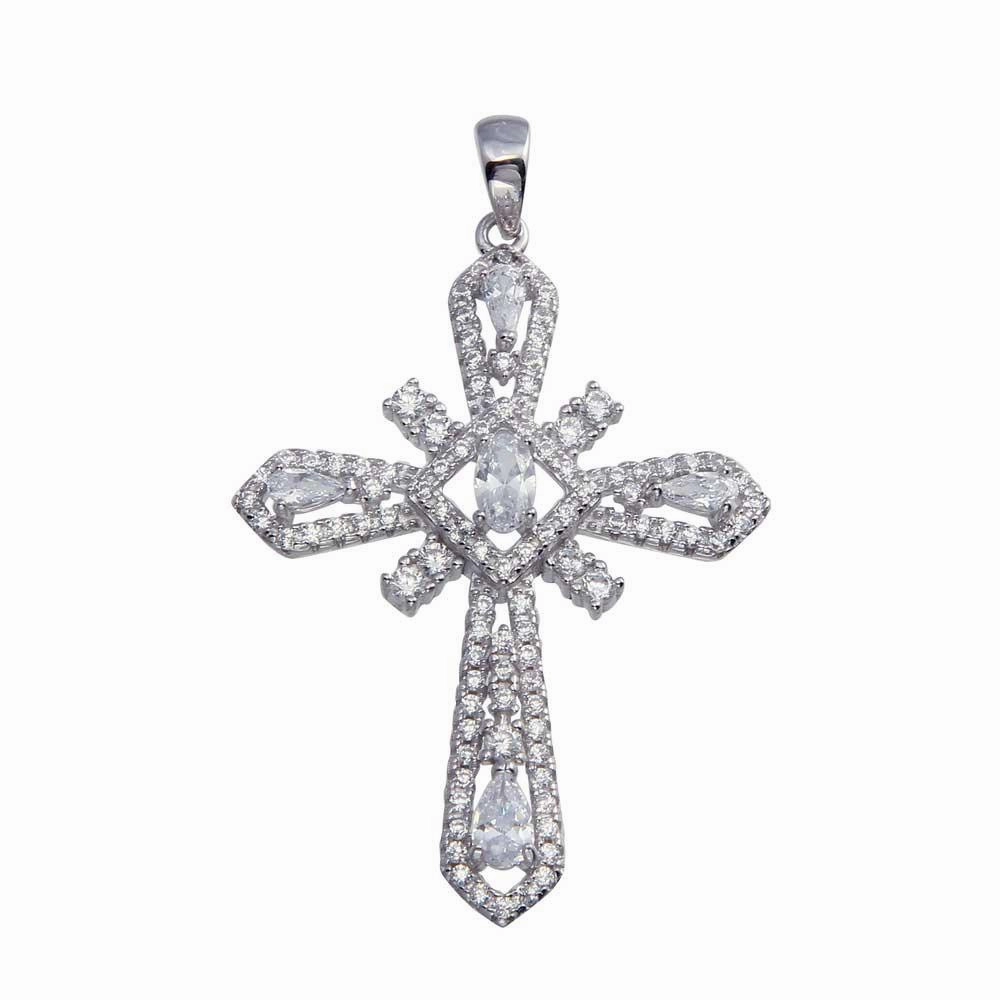 Rhodium Plated 925 Sterling Silver CZ Cross Hip Hop Pendant - SLP00078