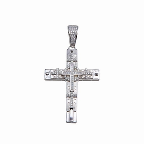 Rhodium Plated 925 Sterling Silver CZ Cross Hip Hop Pendant - SLP00162