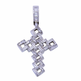 Rhodium Plated 925 Sterling Silver CZ Link Cross Pendant - SLP00308