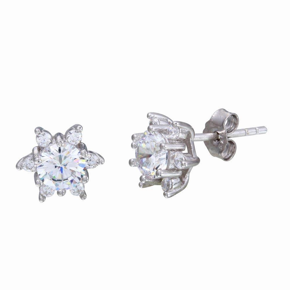 Rhodium Plated 925 Sterling Silver CZ Snow Flakes Stud Earrings - STE01105