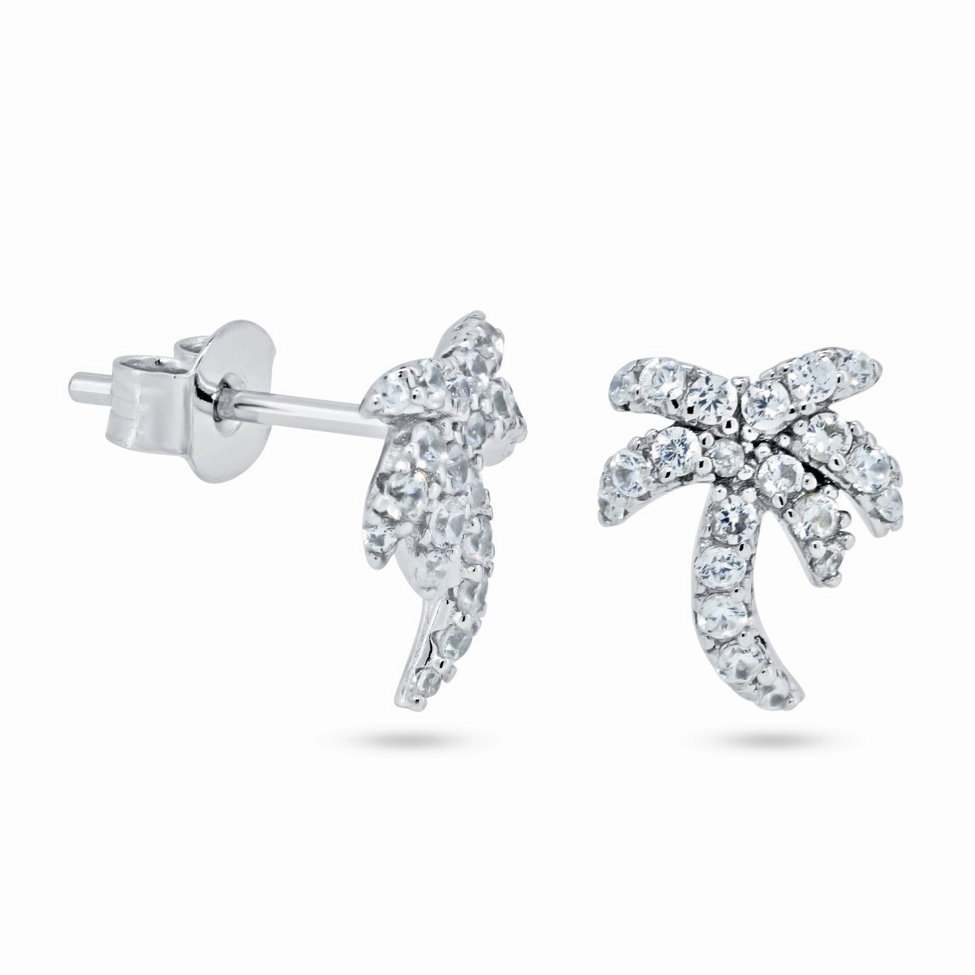 Rhodium Plated 925 Sterling Silver Palm Tree CZ Stud Earrings - STE01362