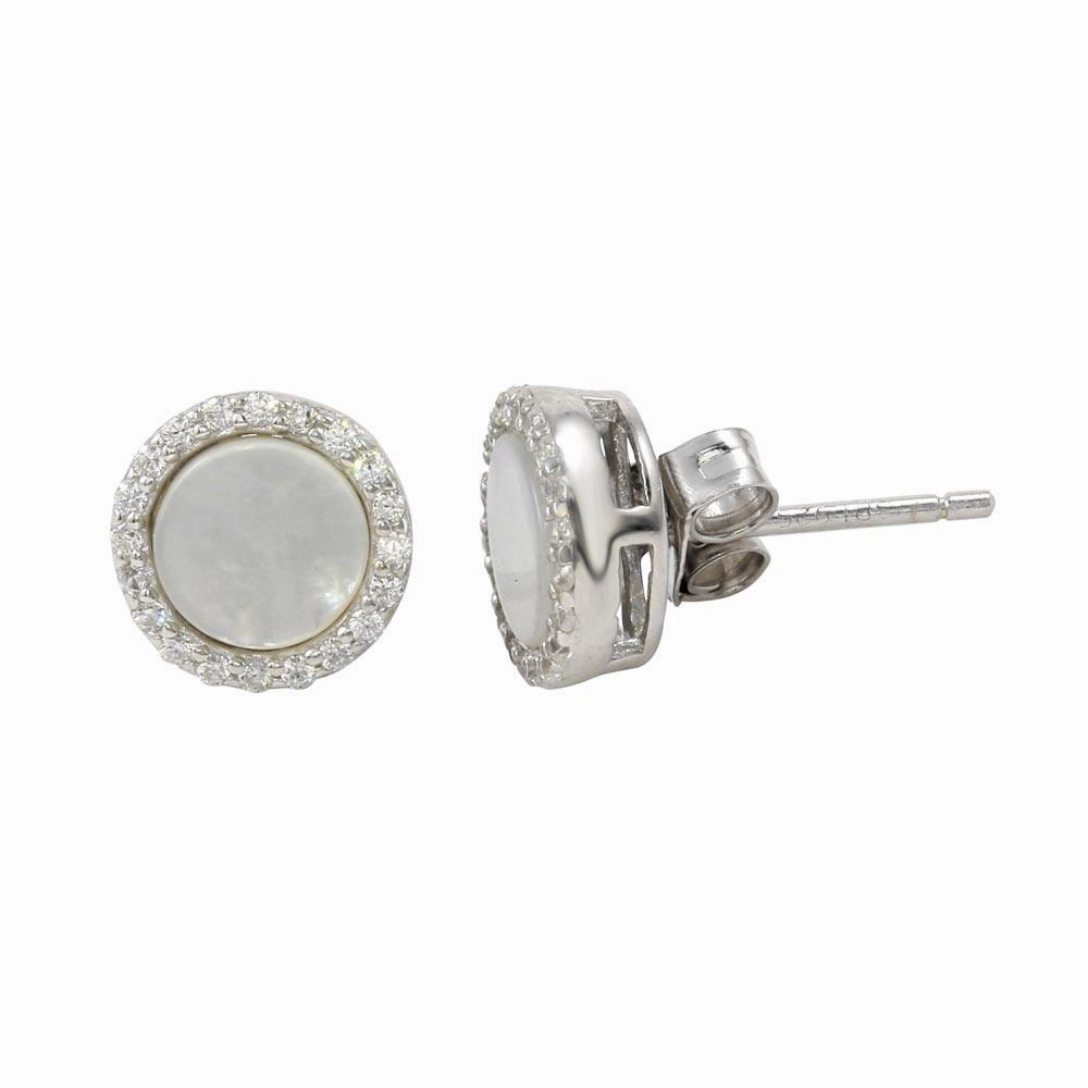 Rhodium Plated 925 Sterling Silver Round Opal Stud Earrings with Clear CZ Stones - STE01125CLR