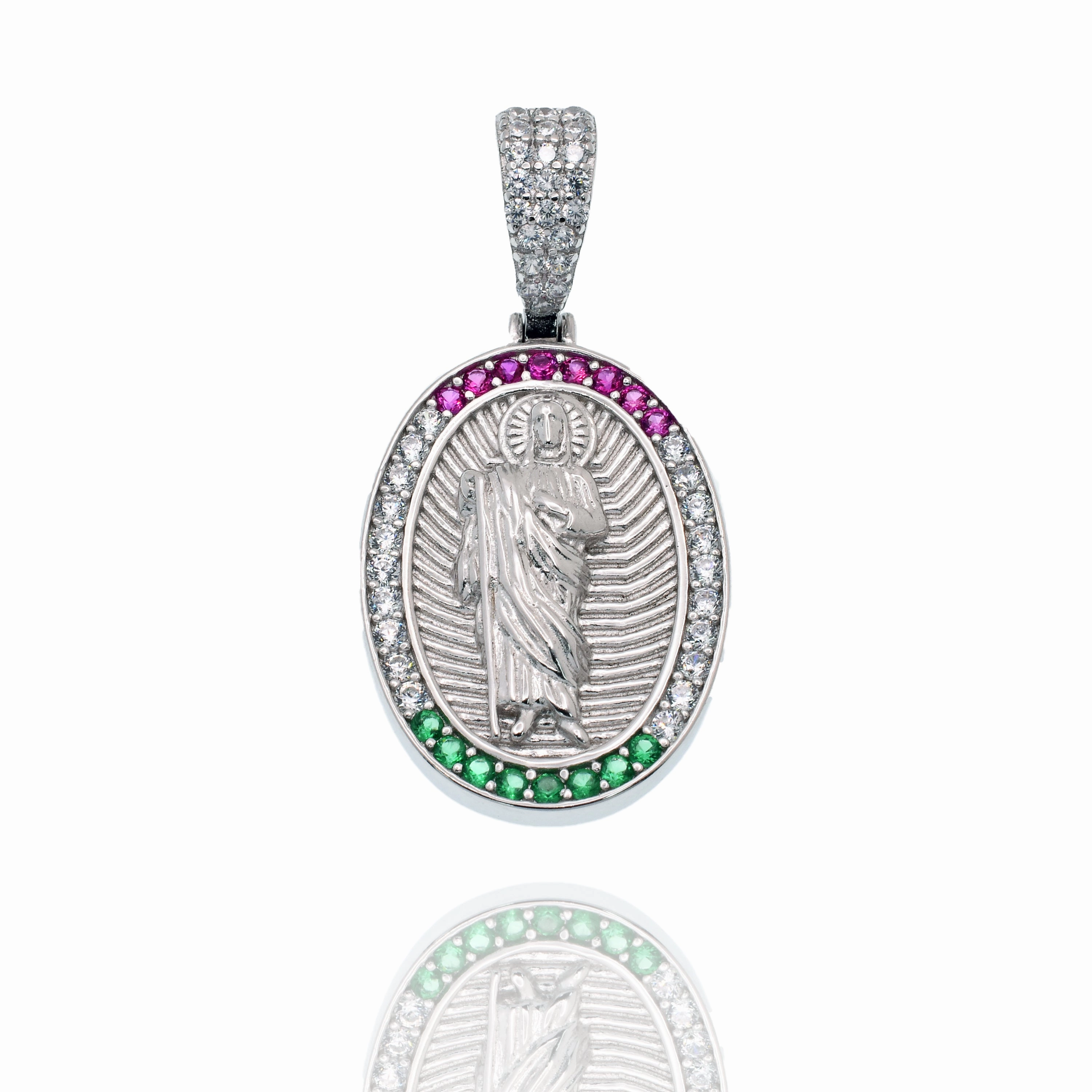 Rhodium Plated 925 Sterling Silver Saint Jude Clear Red and Green 17mm x 24mm Oval Pendant - SLP00490