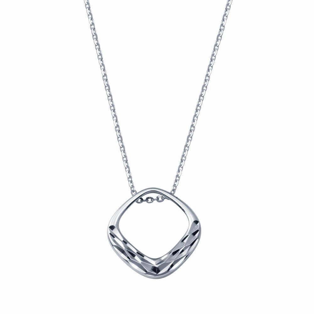 Rhodium Plated 925 Sterling Silver Square Diamond Cut Pendant Adjustable Necklace - STP01830