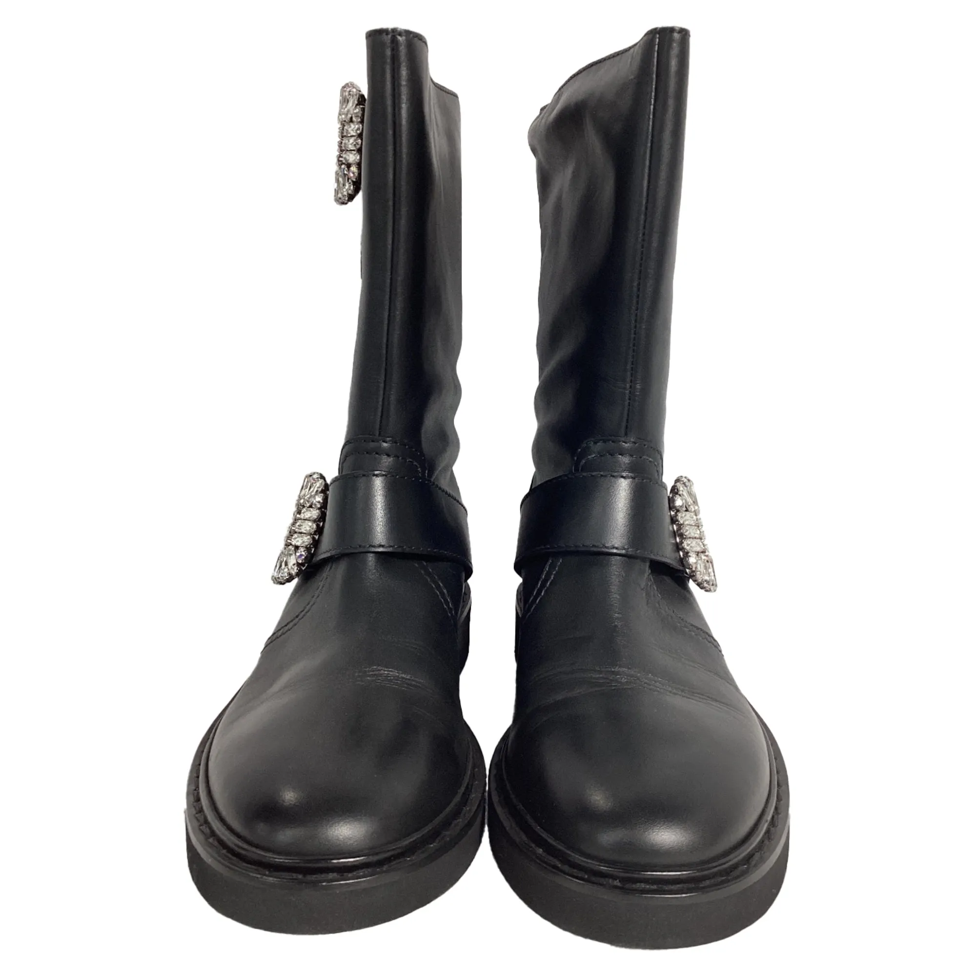 Roger Vivier Viv' Strass Mid-Calf Boots in Black Calf Leather